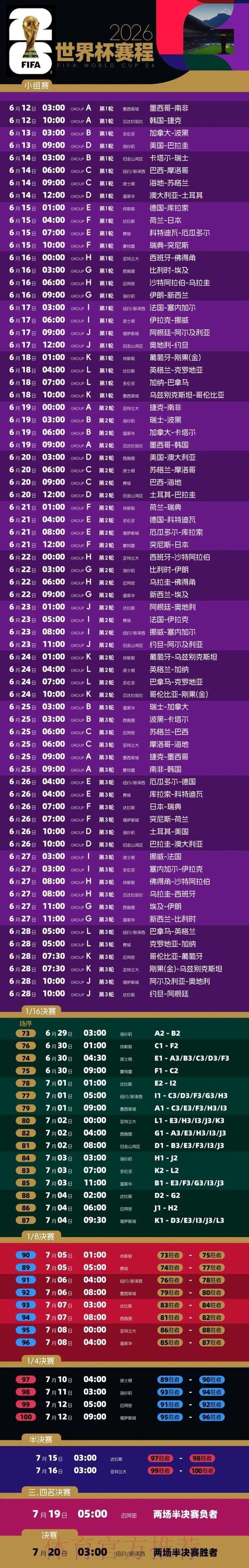 2026世界杯完整赛程安排表